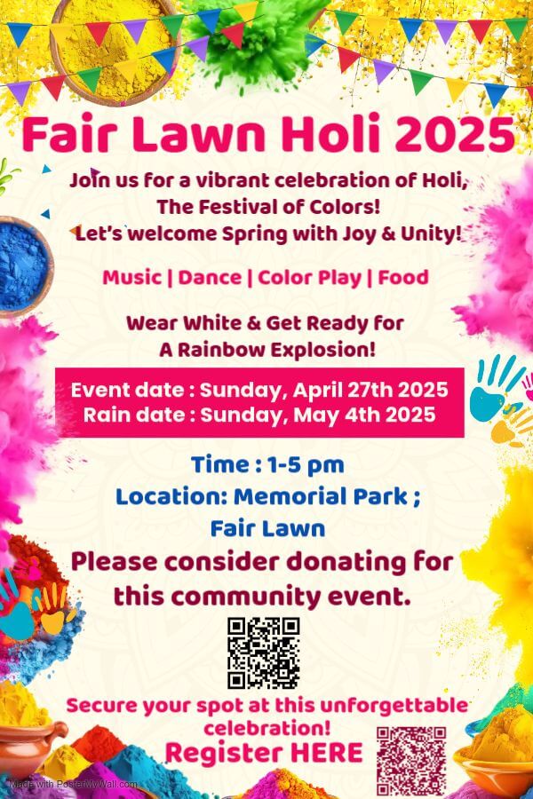 Fair Lawn Holi 2025 event flyer