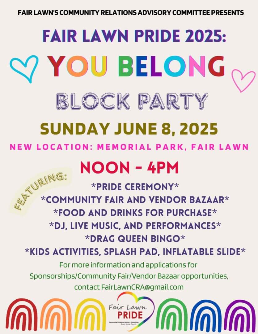 Fair Lawn Pride 2025 block party flyer