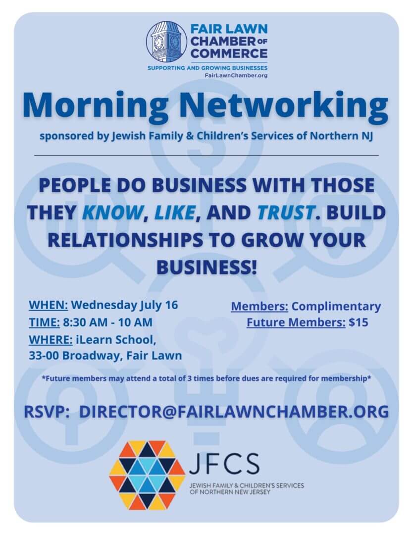Morning Networking flyer sponsored by Jewish Family and Children's Services
