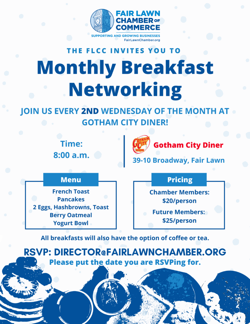 Monthly breakfast networking at Gotham City Diner flyer