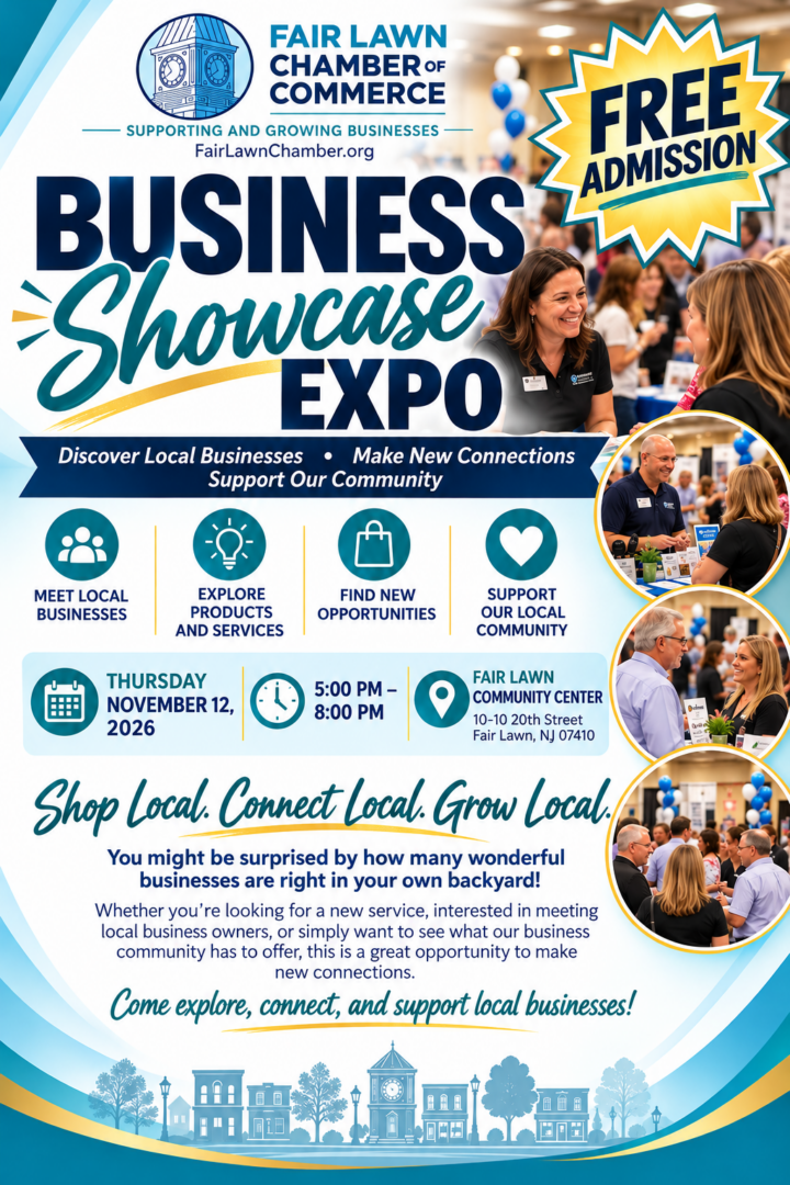 Fair Lawn Chamber Business Showcase Expo flyer: November 12, 2026, 5 to 8 p.m., Fair Lawn Community Center. Free admission.